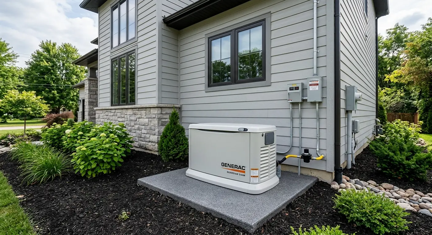 Whole-home standby generator installed on a concrete pad